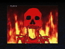 a cartoon drawing of a skeleton with flames behind it and the word play at the bottom