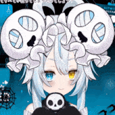 a girl with two different colored eyes and a skull on her neck