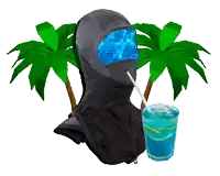 a blue drink with a straw in it next to a hood and palm trees