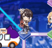 a cartoon girl is standing next to a purple and white bus that says shano on it .
