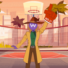 a cartoon character holding up a glove that says no. 1