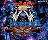a logo for a video game called the last samurai shows a demon holding two swords