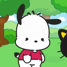 a cartoon dog is wearing a red shirt