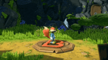 a cartoon character with a red tail is standing on a circle with a letter b on it