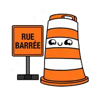 a cartoon drawing of a traffic cone with a sign that says rue barree