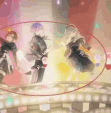 a group of anime characters are dancing on a stage with a red circle in the middle