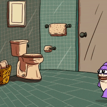 a cartoon drawing of a bathroom with a toilet and a purple cat