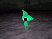 a green object with a black hole in it 's head