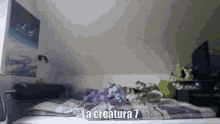 a person is laying on a bed with stuffed animals and the words la creature 7 above them