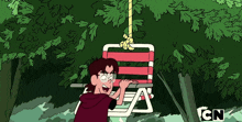 a cartoon character with a skull on his shirt is sitting on a swing with cn written on the bottom