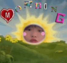 a child 's face is surrounded by a yellow sun and the words morning