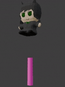 a cartoon character is floating in the air next to a pink tube