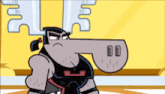 a cartoon character with a very long nose has the letter l on his shirt