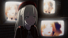 a girl in a red hat stands in front of a bunch of television screens