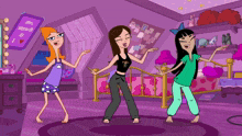 three girls are dancing in a room with a sign that says " i love myself " on it