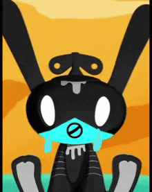 a cartoon bunny with a blue face and a t on its head