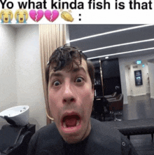 a man making a funny face with the words yo what kinda fish is that below him