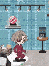a cartoon character is standing in a room with a coffee machine