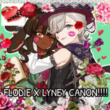a picture of two anime characters with the words elodie x lyney canon written on the bottom