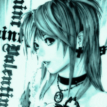 a black and white drawing of a girl with a cross earring and a choker with the word addiction on it