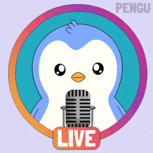 a penguin is standing in front of a microphone and the word live is on the bottom
