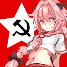 a girl in a school uniform is holding a hammer and sickle in front of a red star .