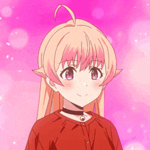 a girl with blonde hair and pink eyes wearing a choker