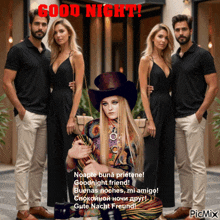 a woman in a cowboy hat is surrounded by a man and two women with the words good night written in red