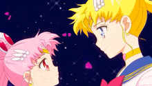 two anime girls are looking at each other with hearts in the background