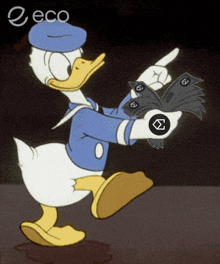 a cartoon of donald duck holding a bunch of money and pointing