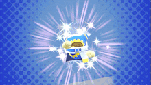 a cartoon character is flying through the air with a blue background with dots