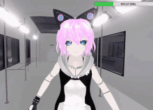 a girl with pink hair is standing in a hallway with a green bar that says $ 55 ( 27.5% )