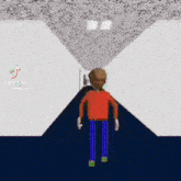 a man in a red shirt and blue pants is walking down a hallway in a video game
