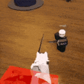 a video game character is standing on a wooden floor next to another character .