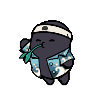 a cartoon character with a green leaf in his mouth and the word gm above him