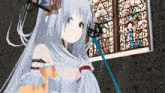 a girl with long white hair and red eyes stands in front of a stained glass window