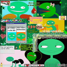 a collage of green cartoon characters with the words just one drop of jesus blood on top