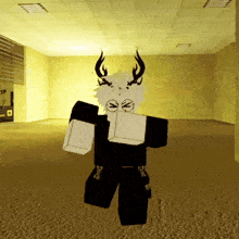 a cartoon character with horns is standing in a empty room