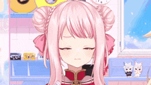 a girl with pink hair is standing in front of a clock