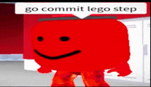 a red cube with a smile on its face and the words go commit lego step below it .