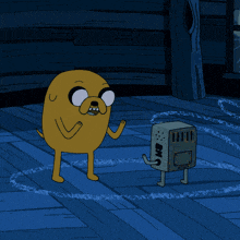 a cartoon character is standing next to a robot that says bmo on it
