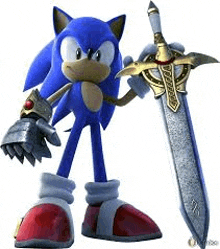 sonic the hedgehog is holding a sword and a knight 's glove .