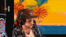 a man wearing a hat and headphones is playing a game