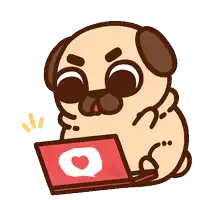 a pug dog is using a red laptop with a heart on it