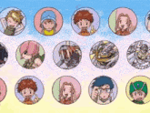 a bunch of cartoon characters in circles with a blue sky in the background