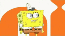 a cartoon of spongebob squarepants with a sad look on his face is standing next to a black object .