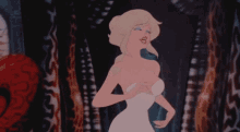 a blonde cartoon woman in a white dress is dancing on a stage .