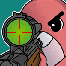a cartoon drawing of a man holding a rifle with a green crosshair