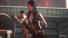 a woman holding a sword with a netflix logo behind her