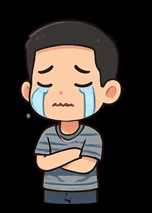 a cartoon drawing of a boy crying with his arms crossed
